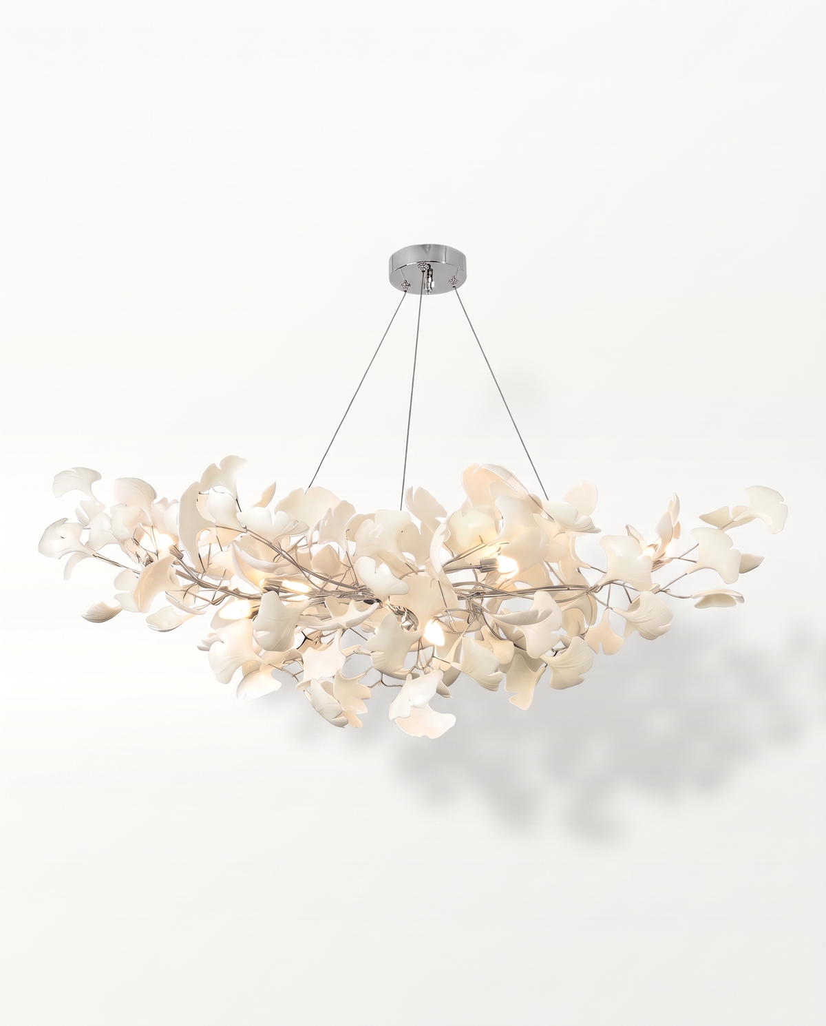 The Maidenhair Chandelier in Nickel, white porcelain leaves on silver branches