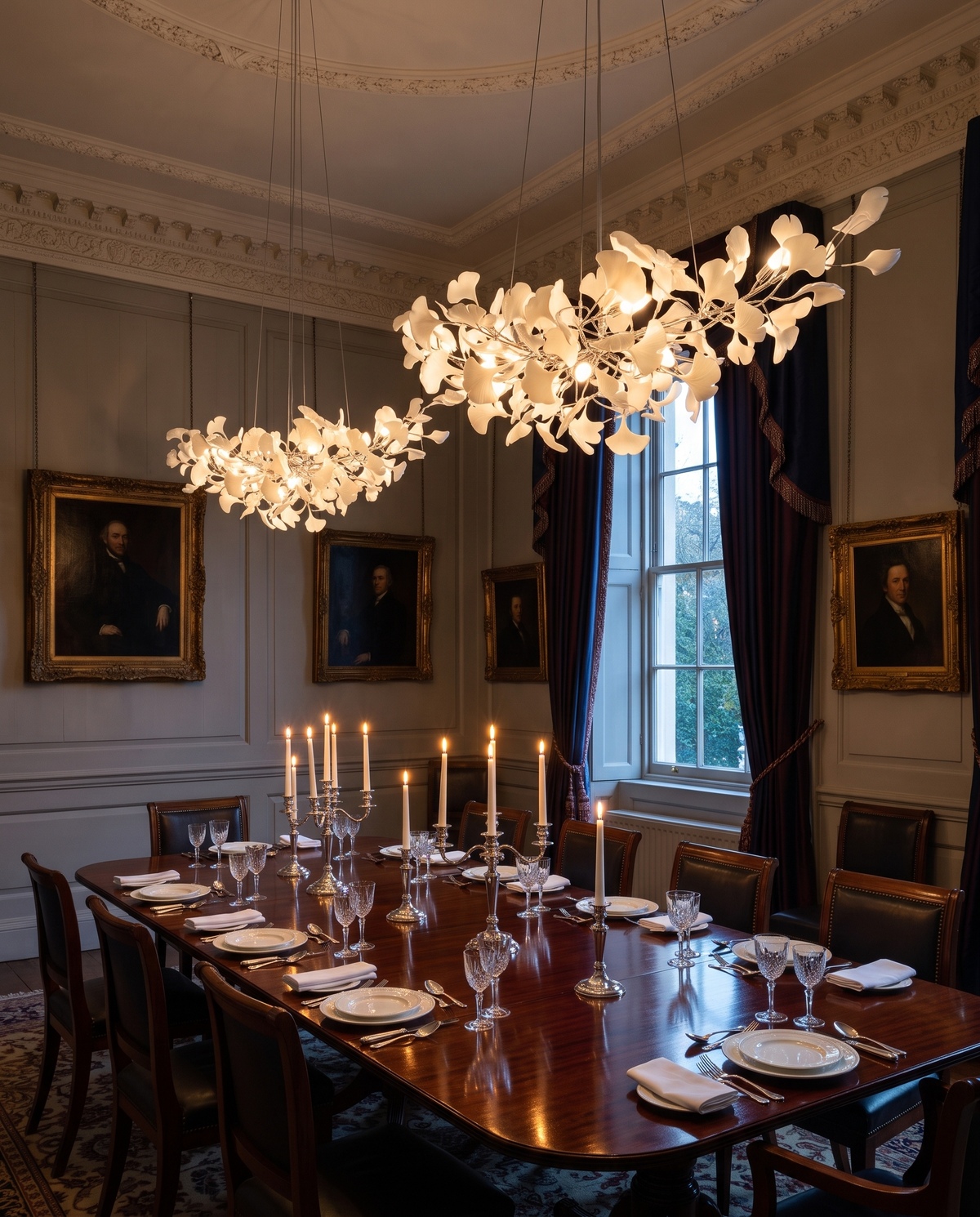 Two Maidenhair chandeliers in Nickel above a long mahogany table in a club dining room