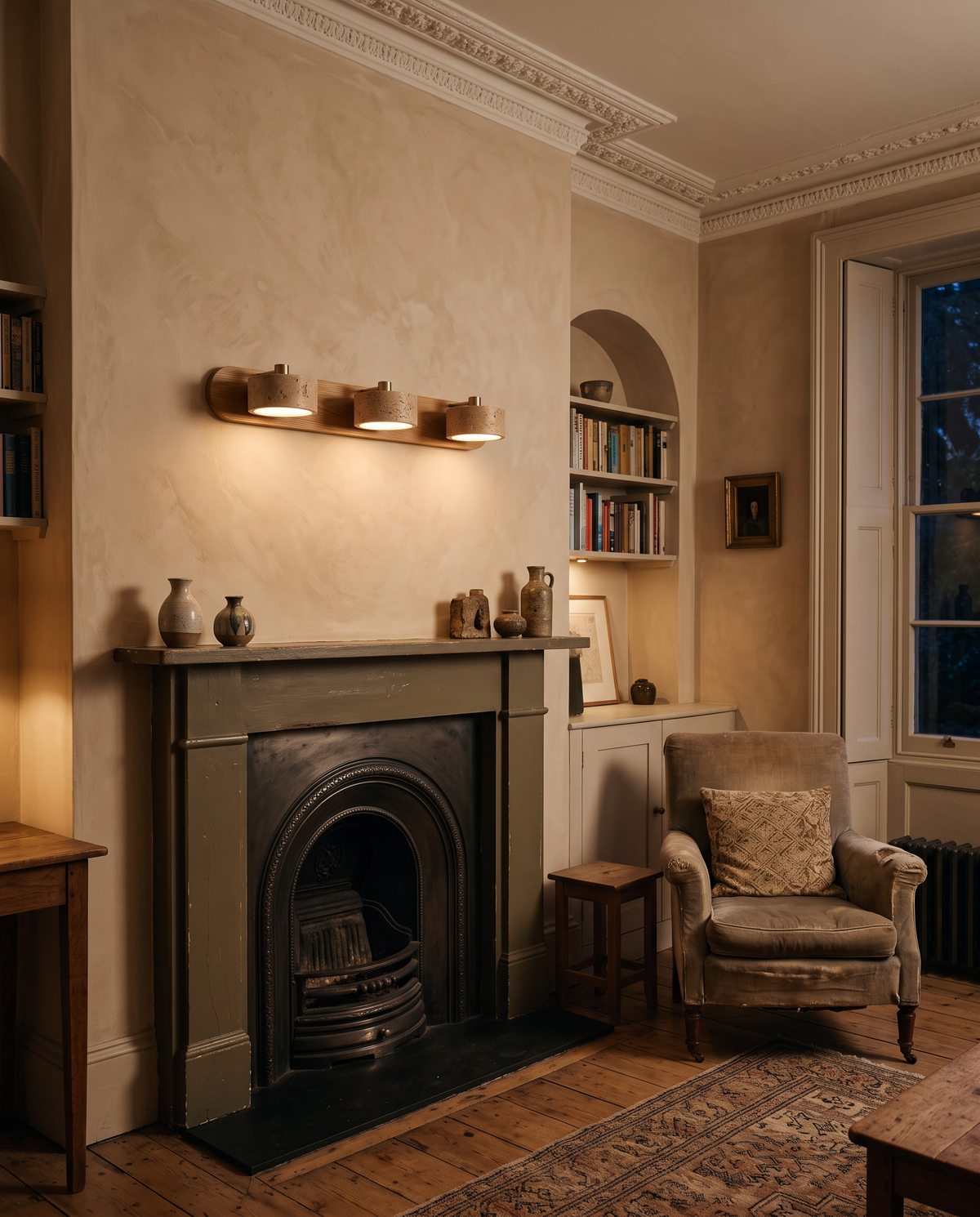 The Mantel in Honey and Brass above a Victorian fireplace