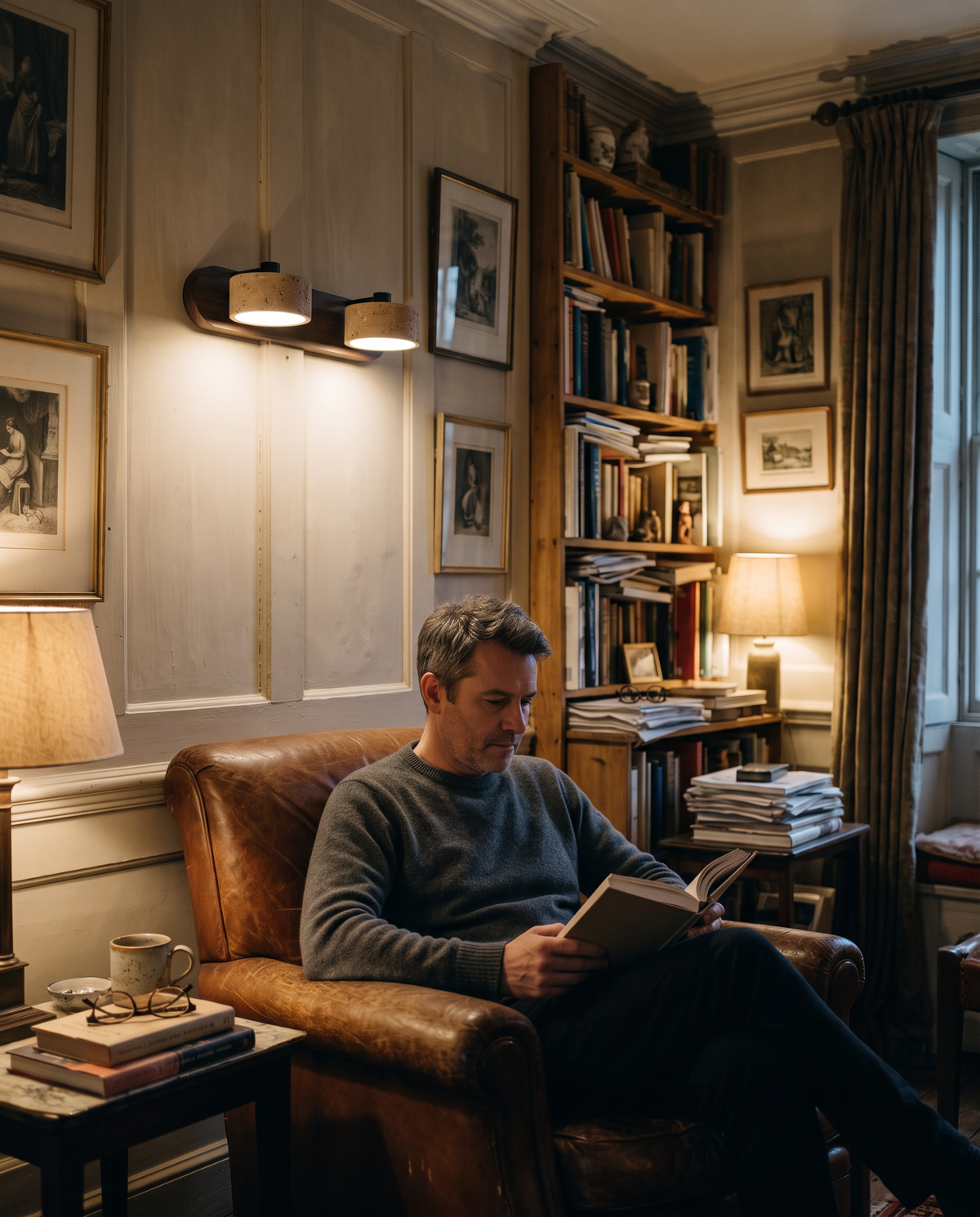 A man reading in a leather armchair under The Mantel