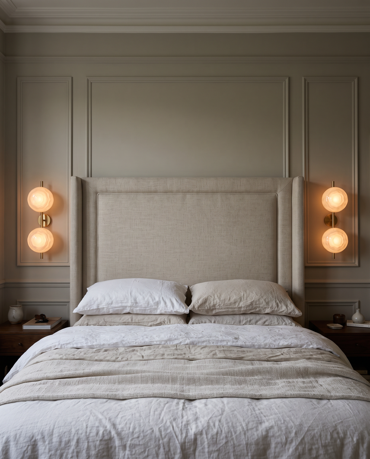 A pair of Monocles in Brass & Opal either side of an upholstered headboard