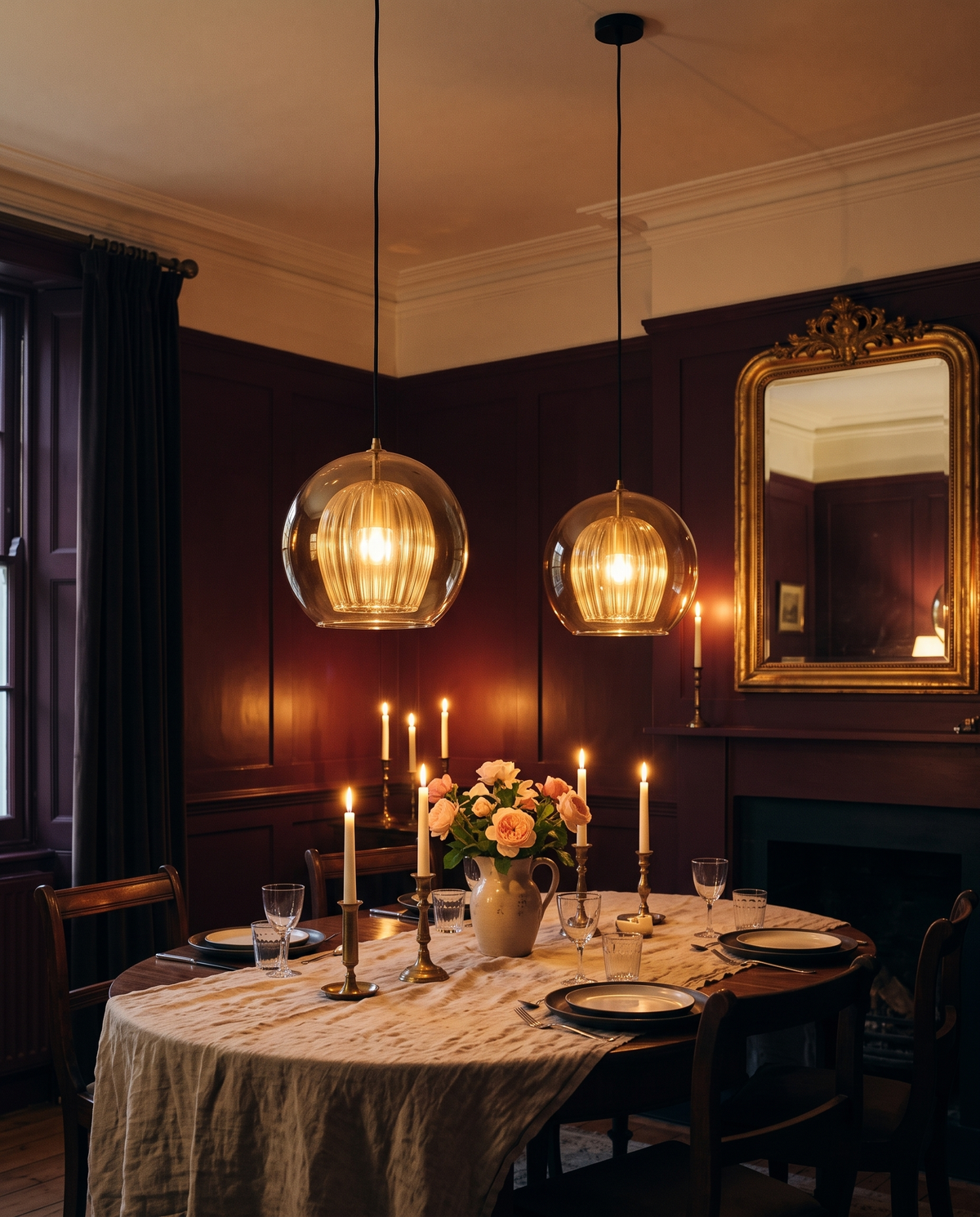 Two amber Nest pendants above a candlelit dining table in a Victorian dining room