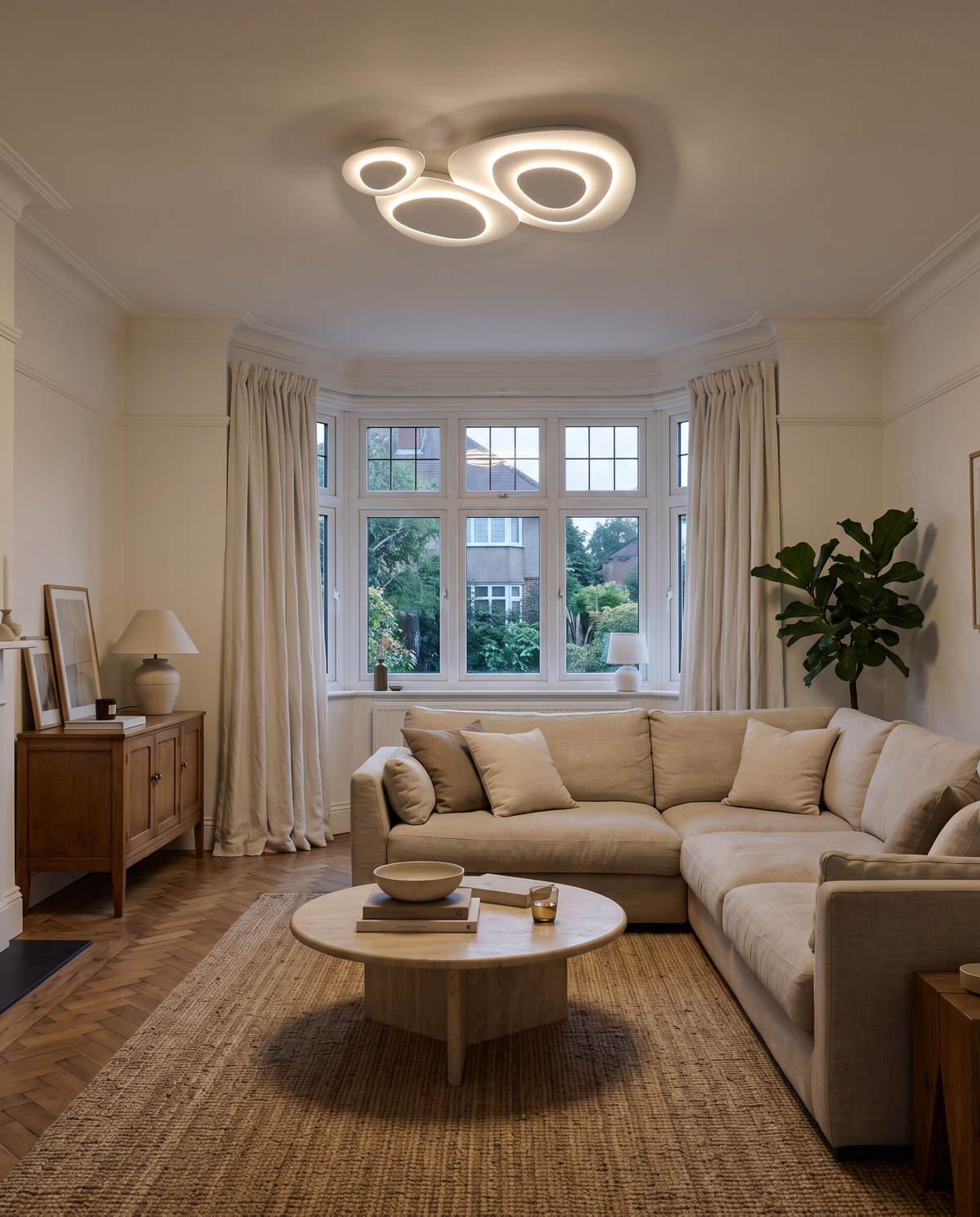 The Nimbus cloud ceiling light in a 1930s living room with a bay window