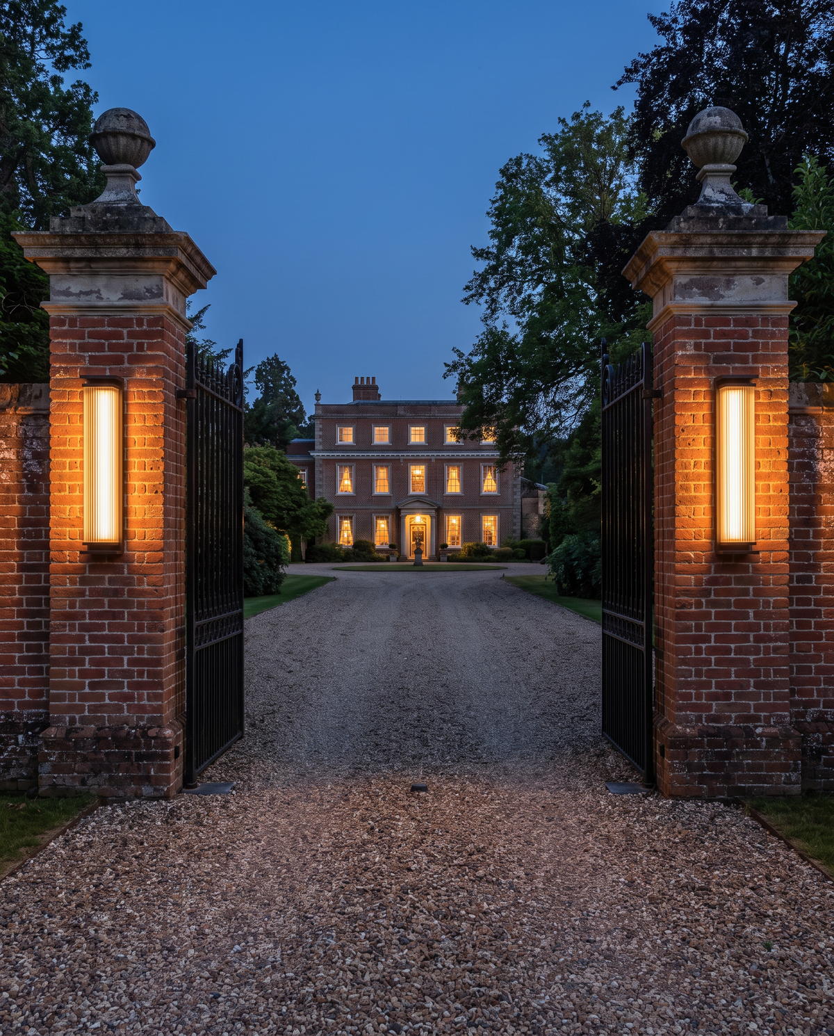 Obelisk lights on the brick gate piers of a Georgian country house