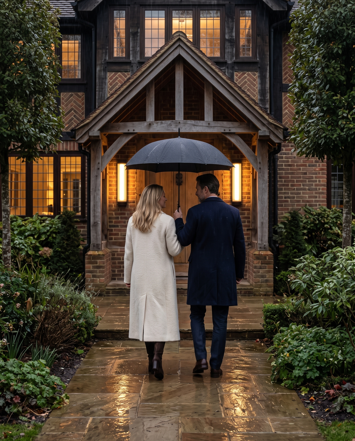 A couple under an umbrella arriving at an oak porch lit by two Obelisk lights