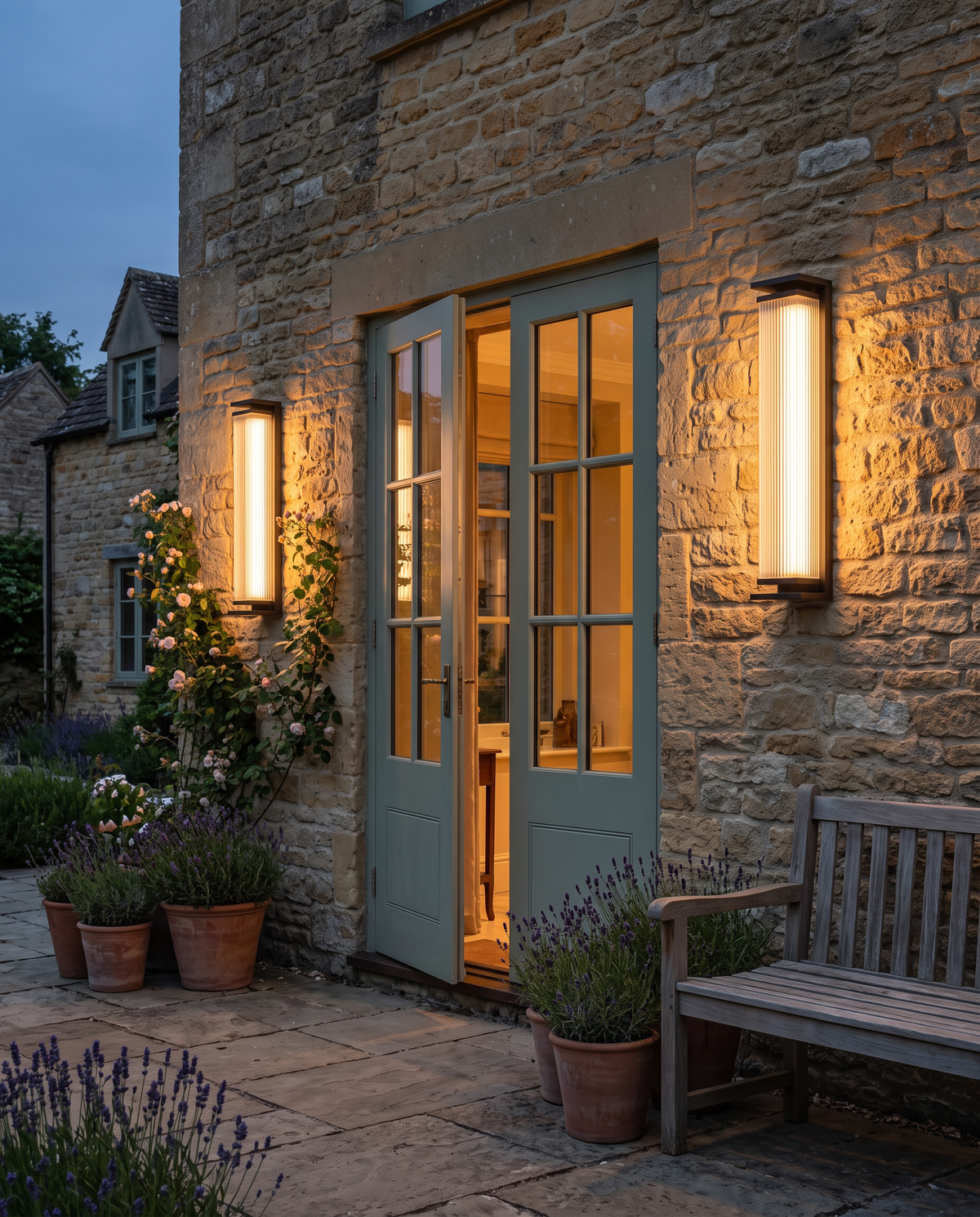 Two Obelisk lights either side of French doors on a Cotswold stone terrace