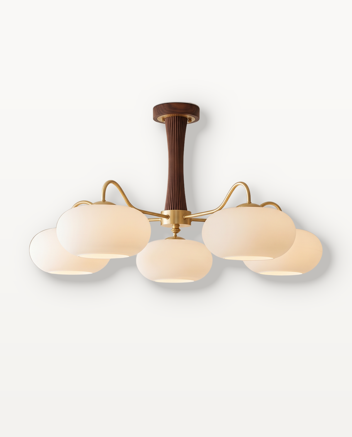 The Orchard Ceiling Light, five brass arms, Conker wood column and opal glass shades, lit