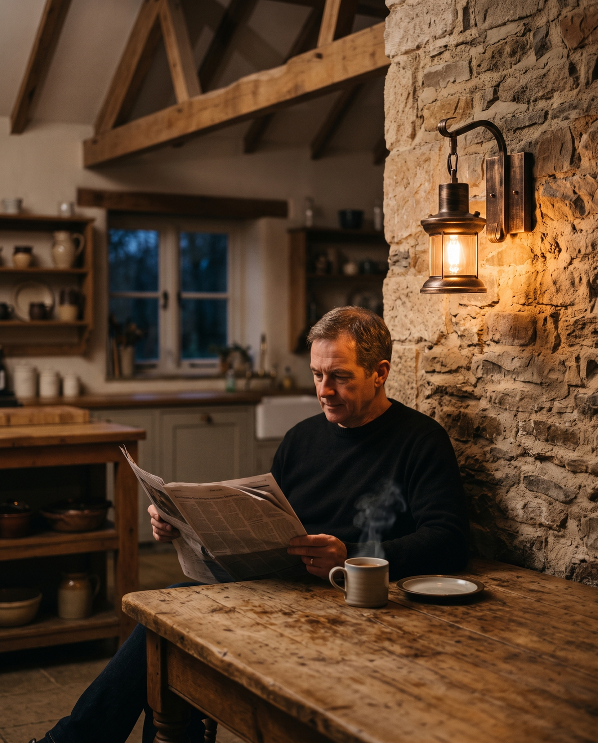 A man reading the paper at a farmhouse table beside The Ostler