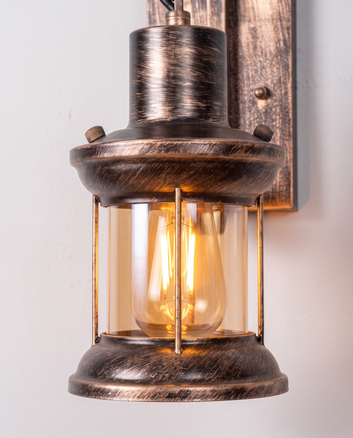 Close-up of the glass lantern and filament bulb of The Ostler