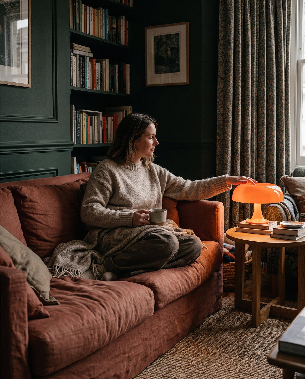 A woman on the sofa touching The Parasol to switch it on
