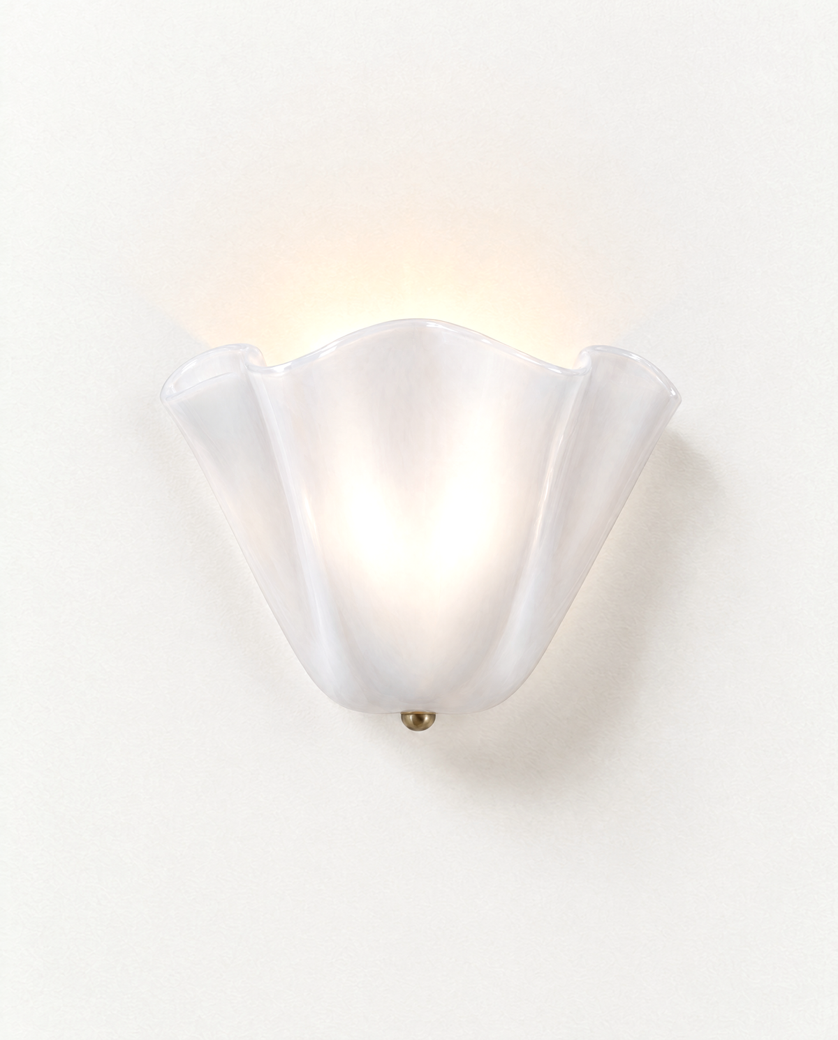 The Petal Wall Light – Mist, sculpted cool misty white glass petal shade with a brass tip