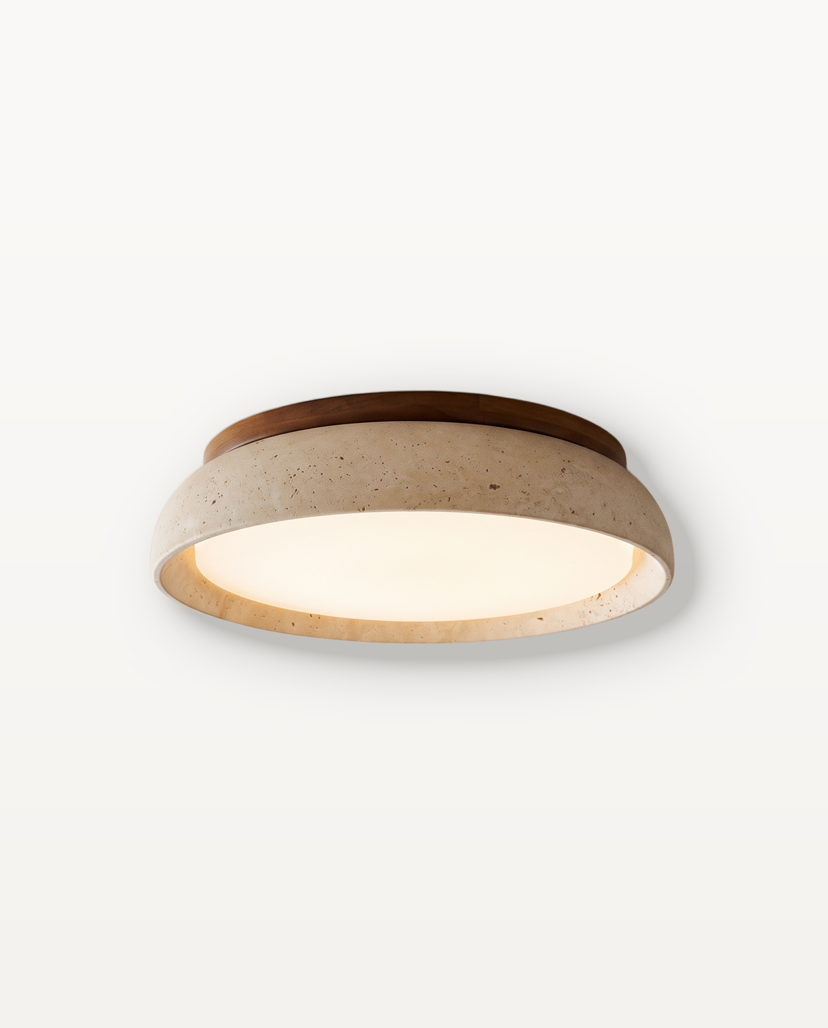The Quarry Ceiling Light, 43 cm, travertine bowl with a wood ring, lit, on a limewashed ceiling