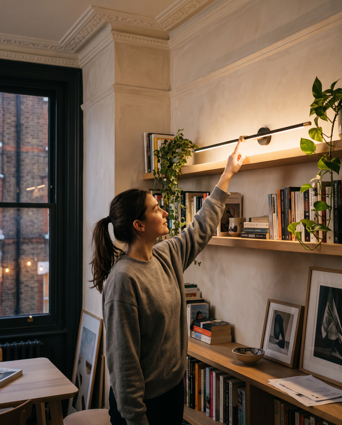 A woman dimming The Rail above her bookshelves