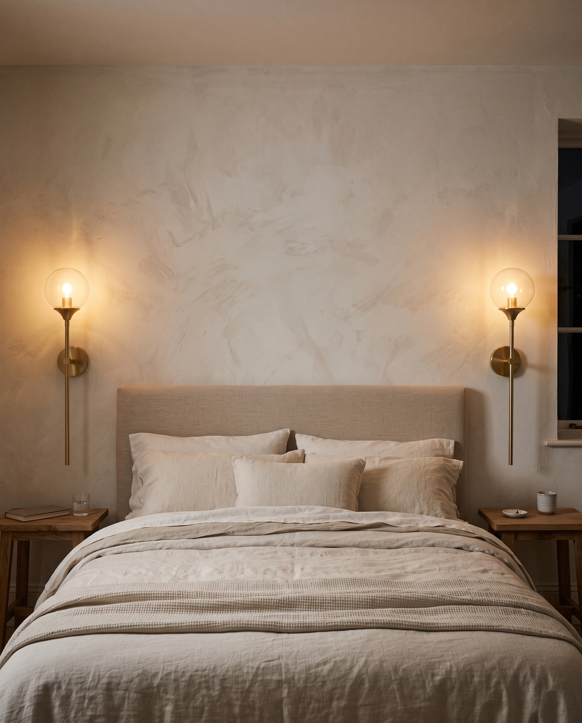 A pair of Reed long-stem wall sconces in brass with clear globes either side of a bed