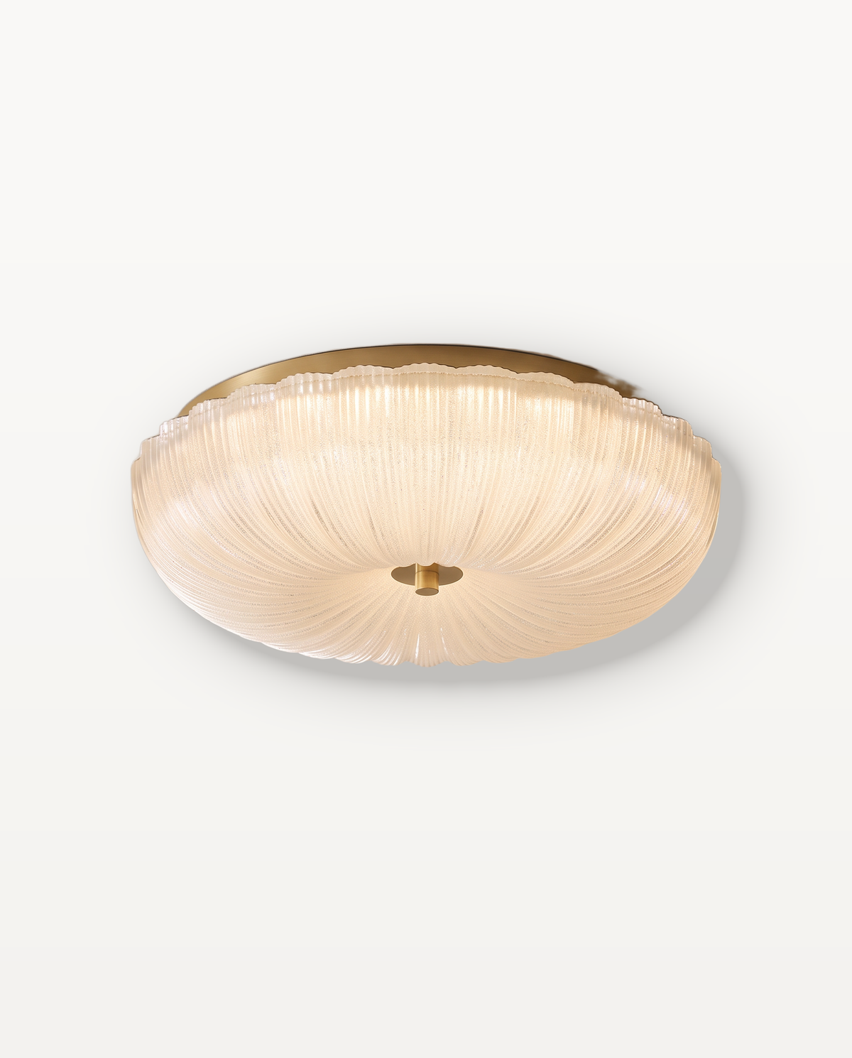 The Ripple Ceiling Light, 30 cm, rippled glass dome with a gold-finish rim, lit