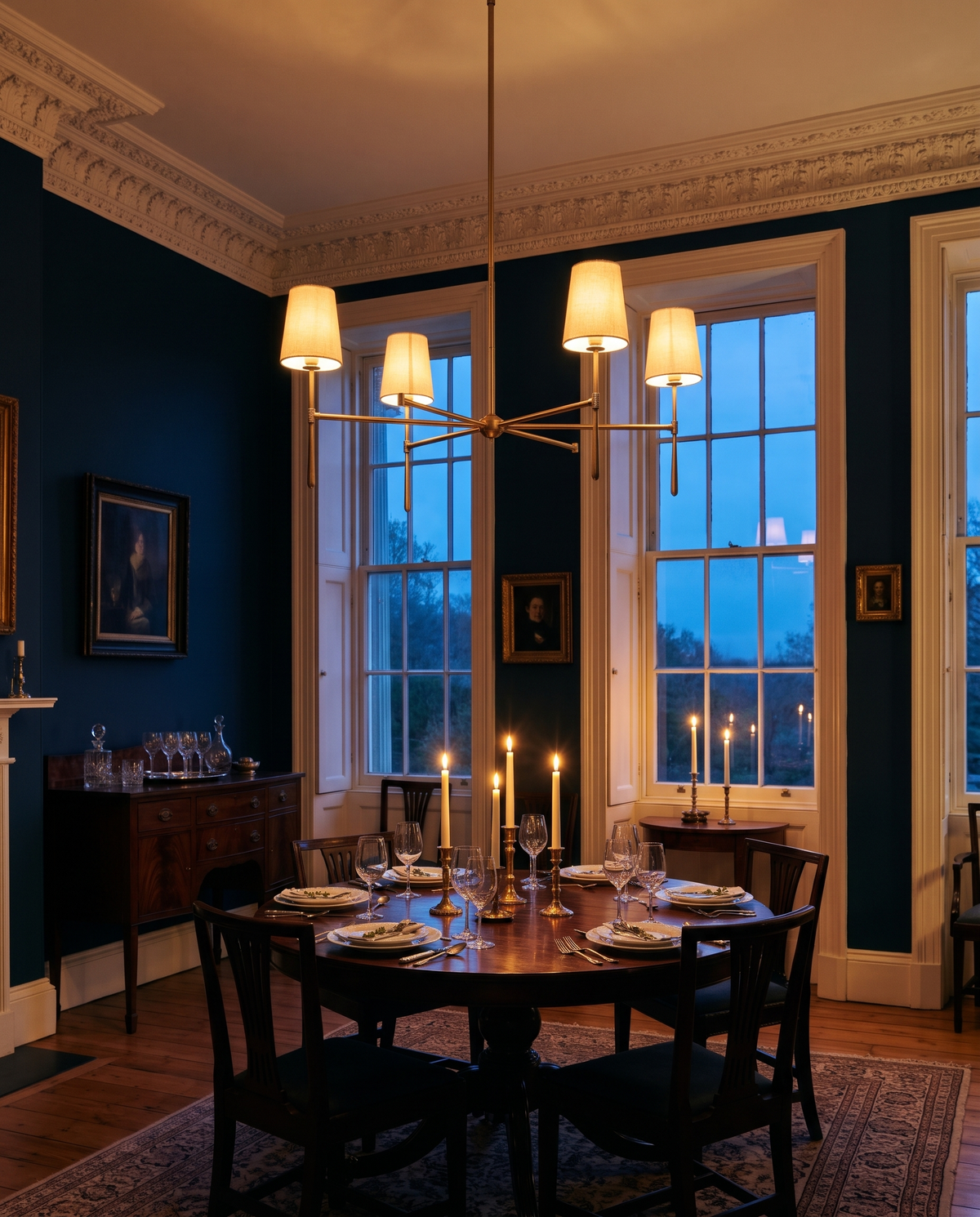 The Salon lit above a candlelit table at dusk