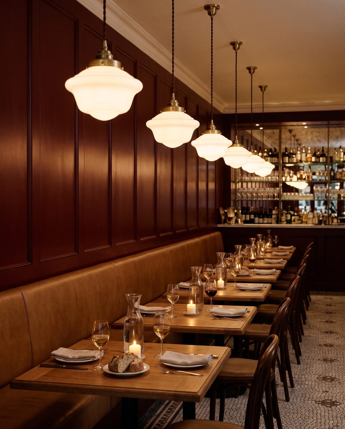 The Scholar opal glass pendant – One over each table in a neighbourhood bistro, east London