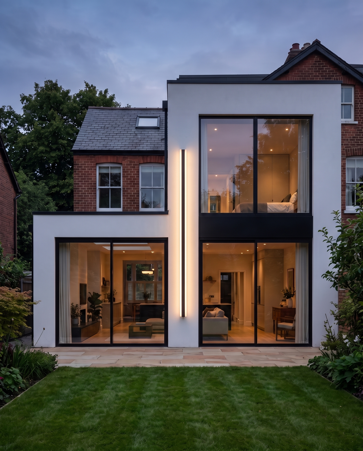 A 240 cm Sentry rising across two storeys of a white rear extension