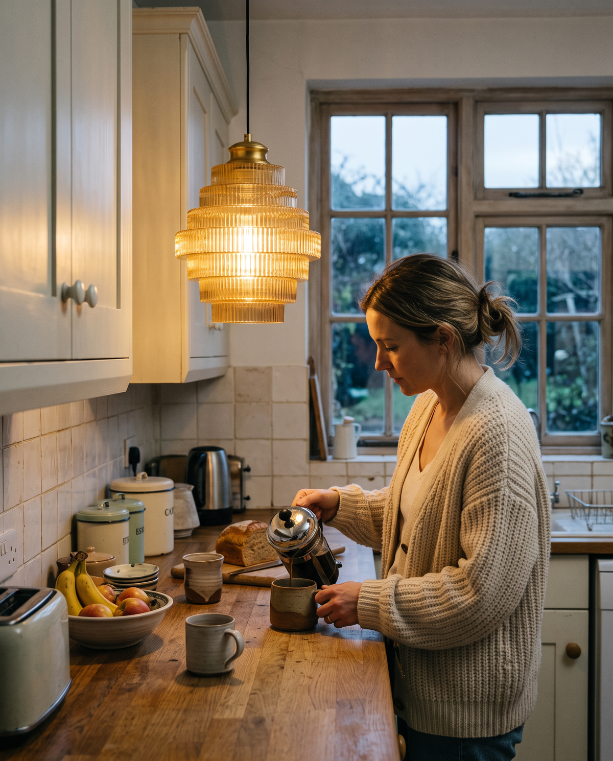 Pouring morning coffee under a Skep pendant in Amber