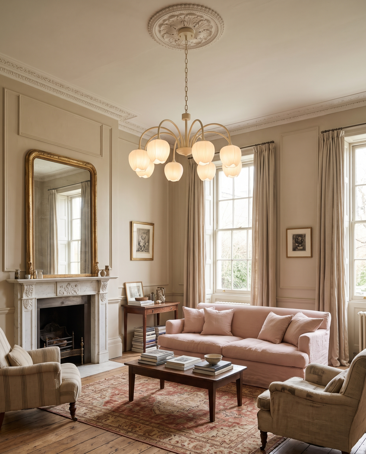 The Snowdrop in Ivory in a Georgian drawing room with a marble fireplace