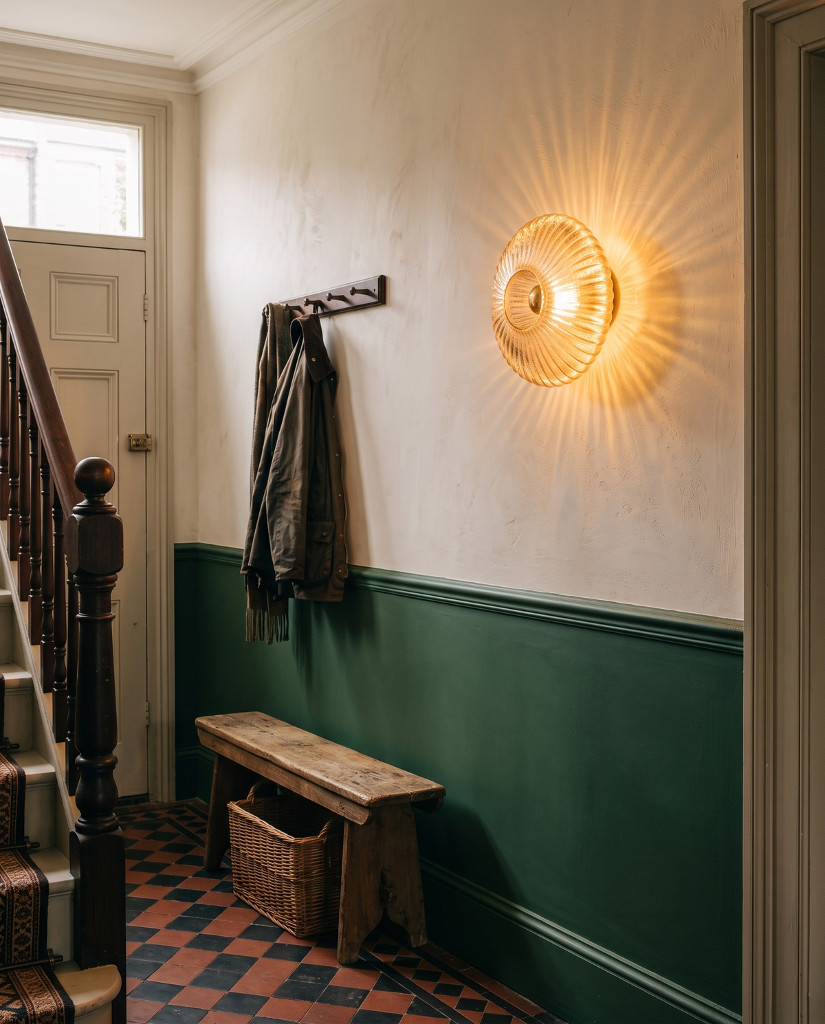 The Sunburst wall light in amber fluted glass in a Victorian hallway