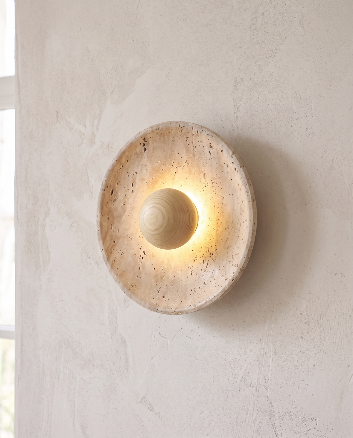 The Sundial Wall Light with a natural wood sphere