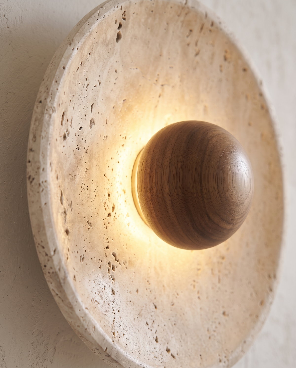 Close-up of the travertine and walnut sphere of The Sundial