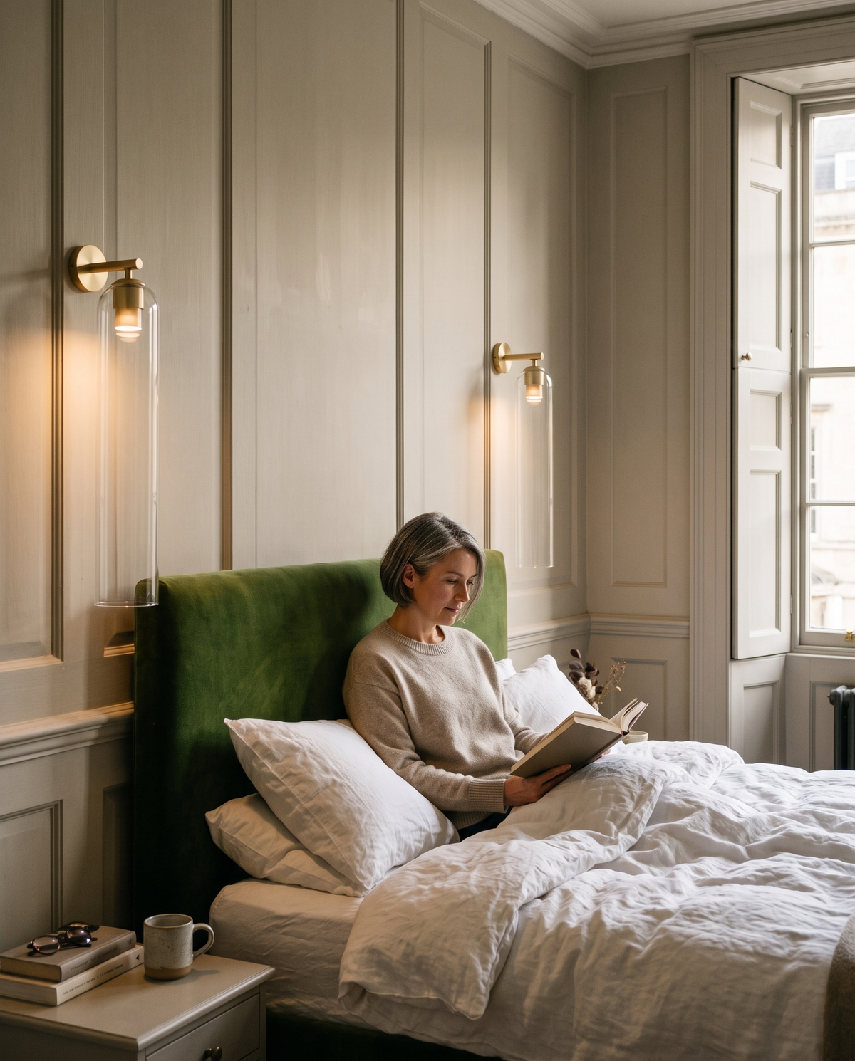 A woman reading in bed between two Taper wall lights