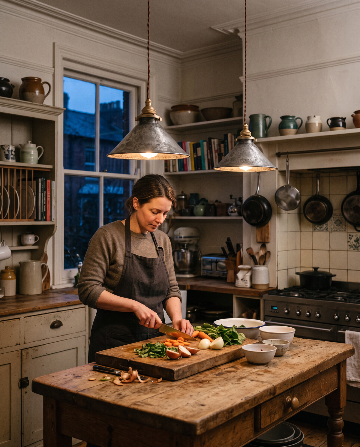A woman chopping vegetables under two Tarns in Pewter