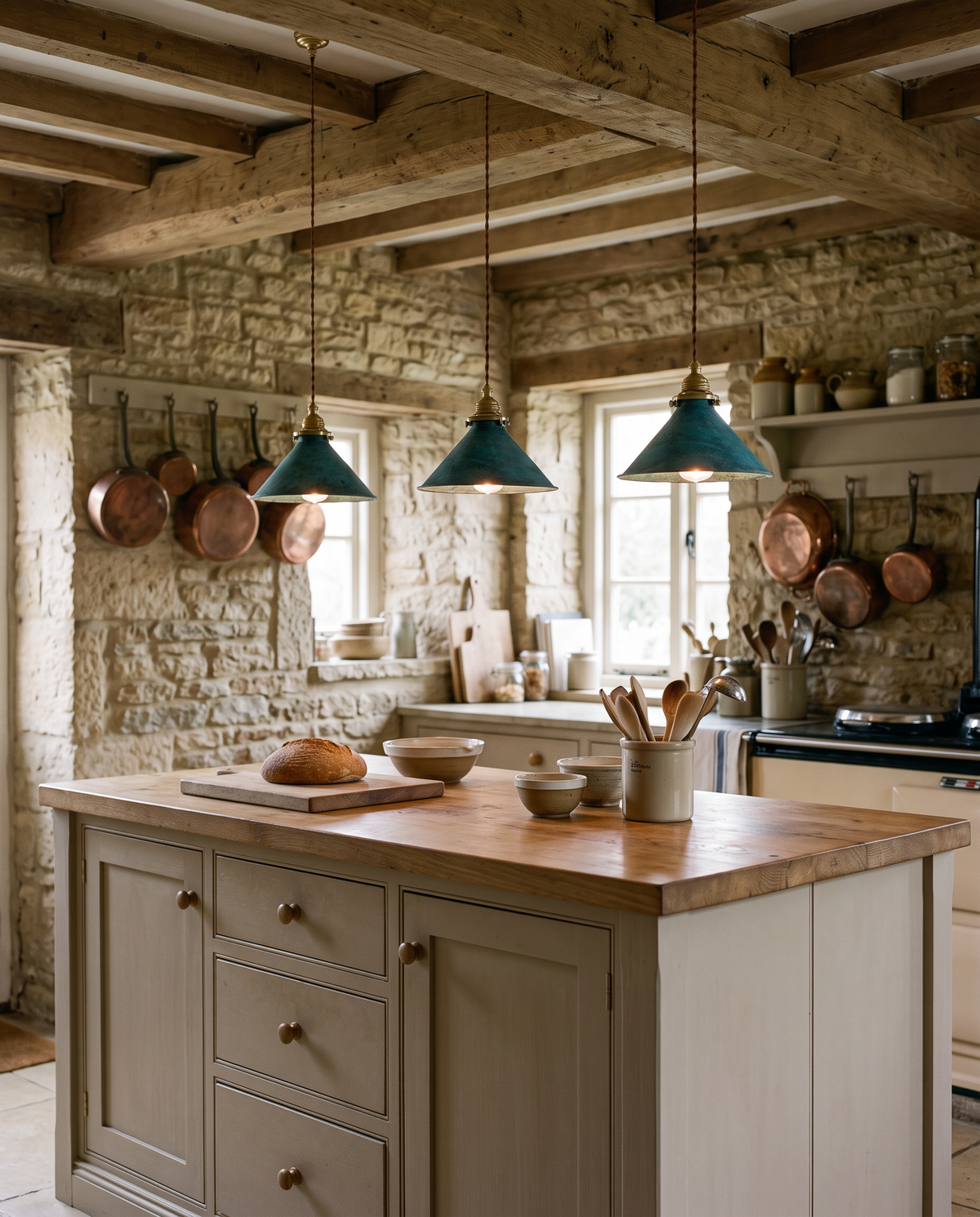 Three Tarns in Teal over a farmhouse kitchen island
