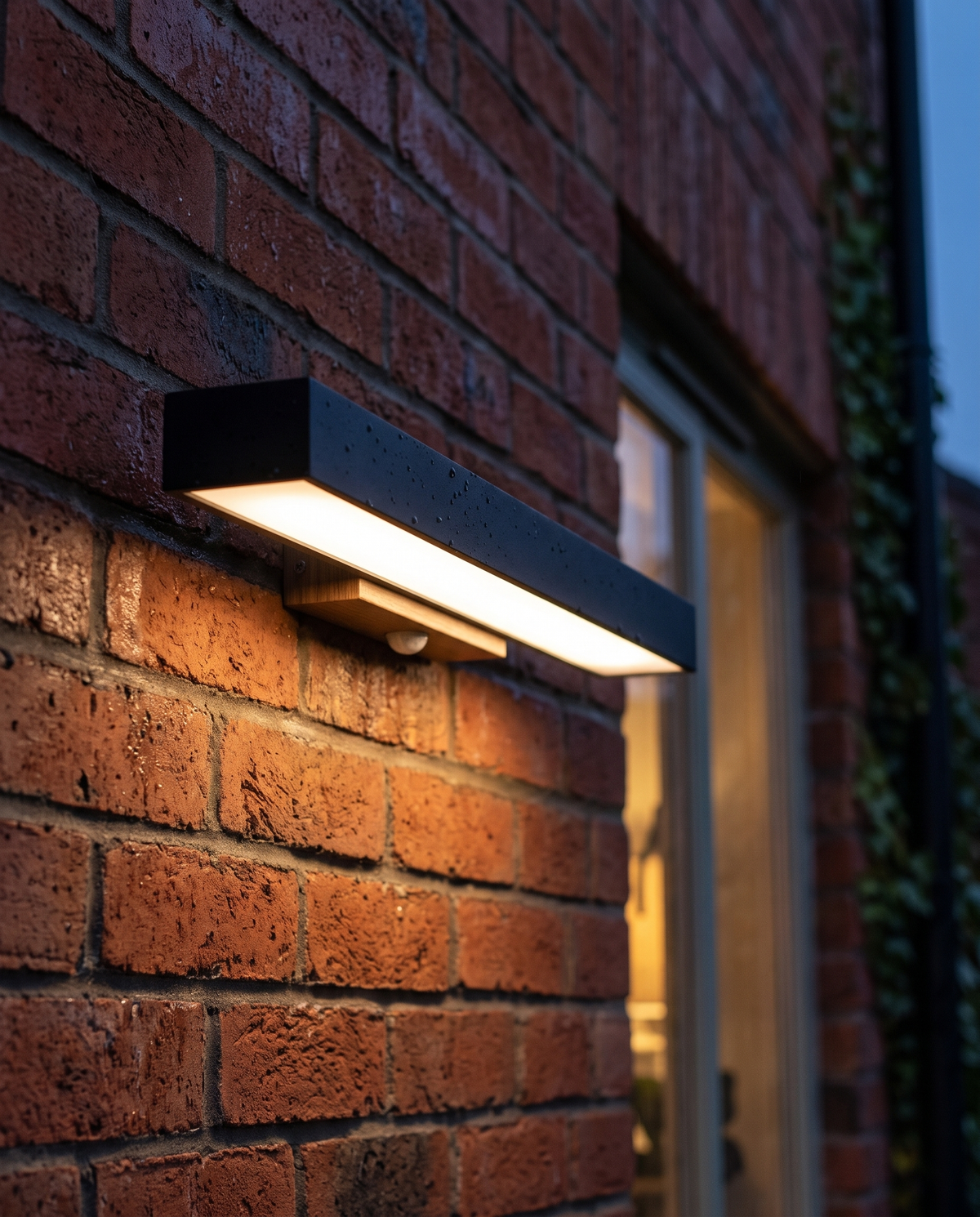 Close-up of The Threshold washing light down a brick wall in the rain