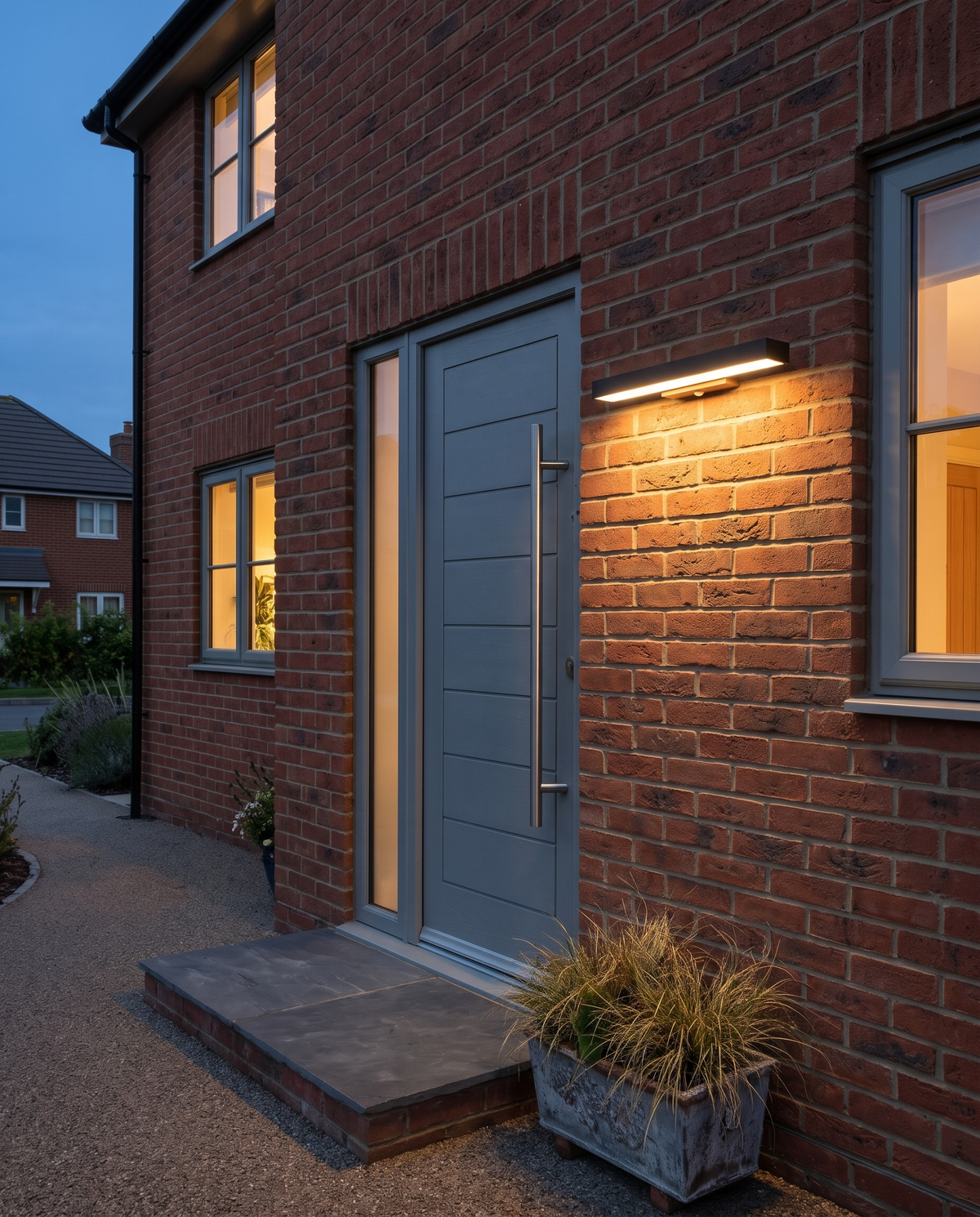 The Threshold lighting the brick beside a new-build front door