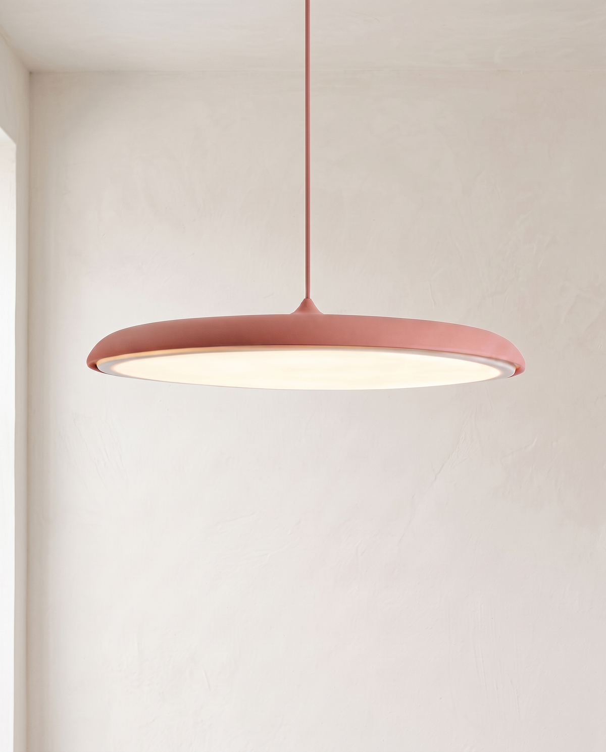 The Wafer Pendant – Pink, flat disc LED pendant