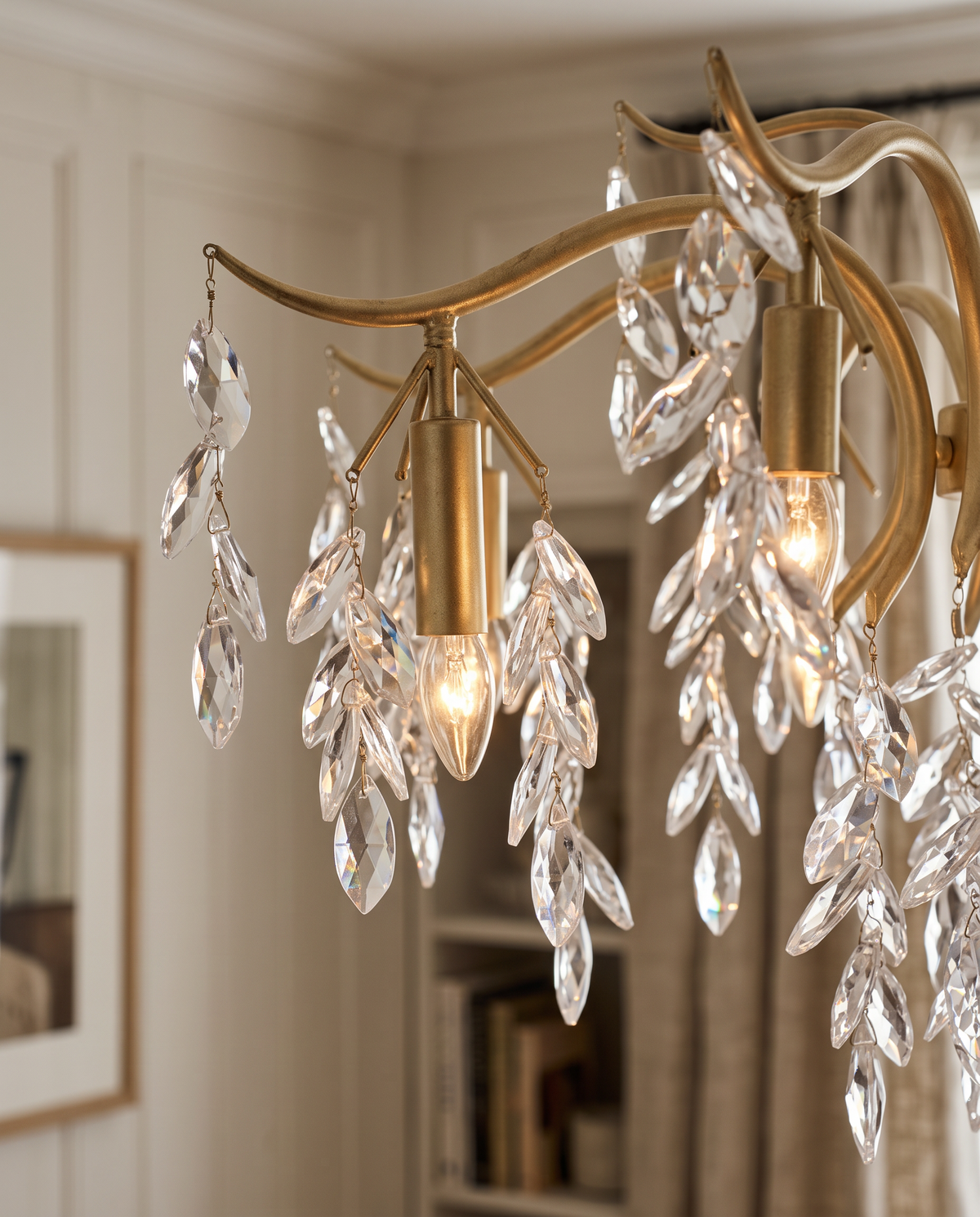 Close-up of the faceted crystal leaves and gilt branches of The Willow