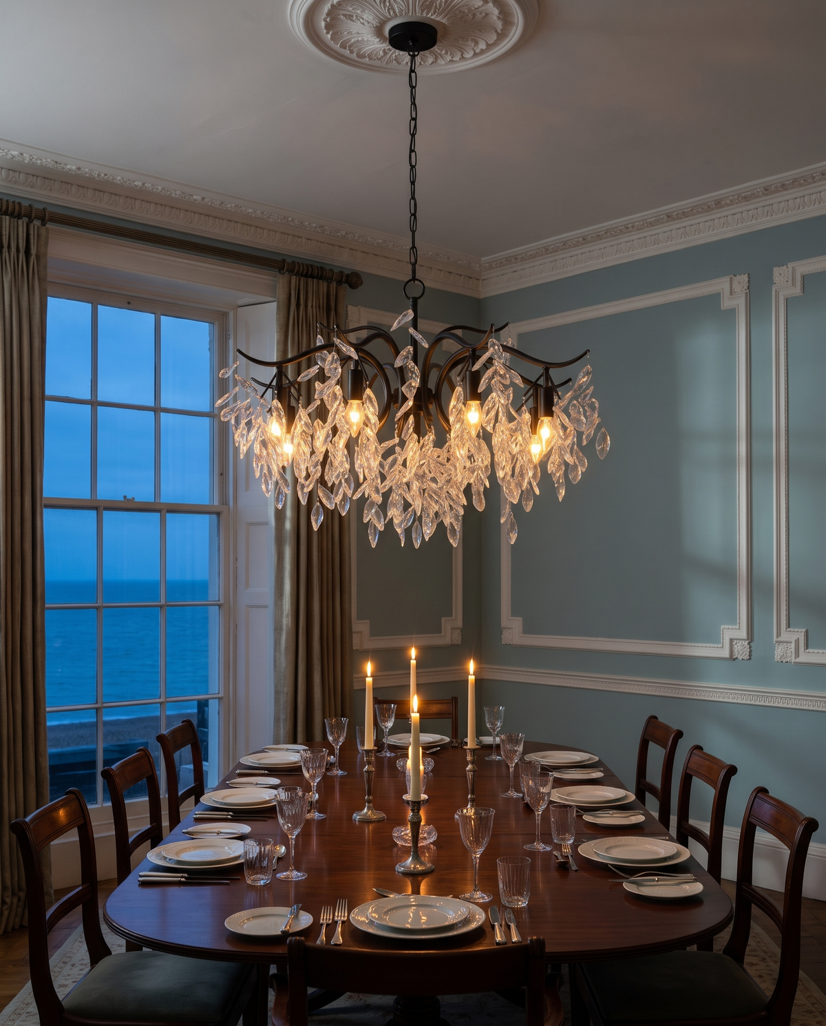 The Willow in Jet above a candlelit dining table in a Regency room by the sea