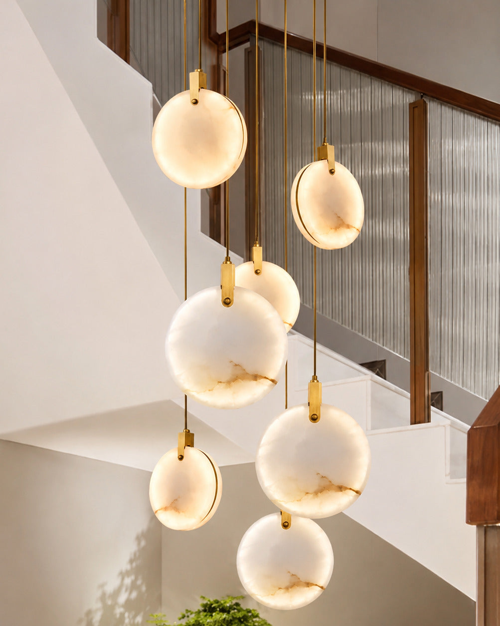 The Cascade alabaster disc chandelier for stairways — Selden Home (4)