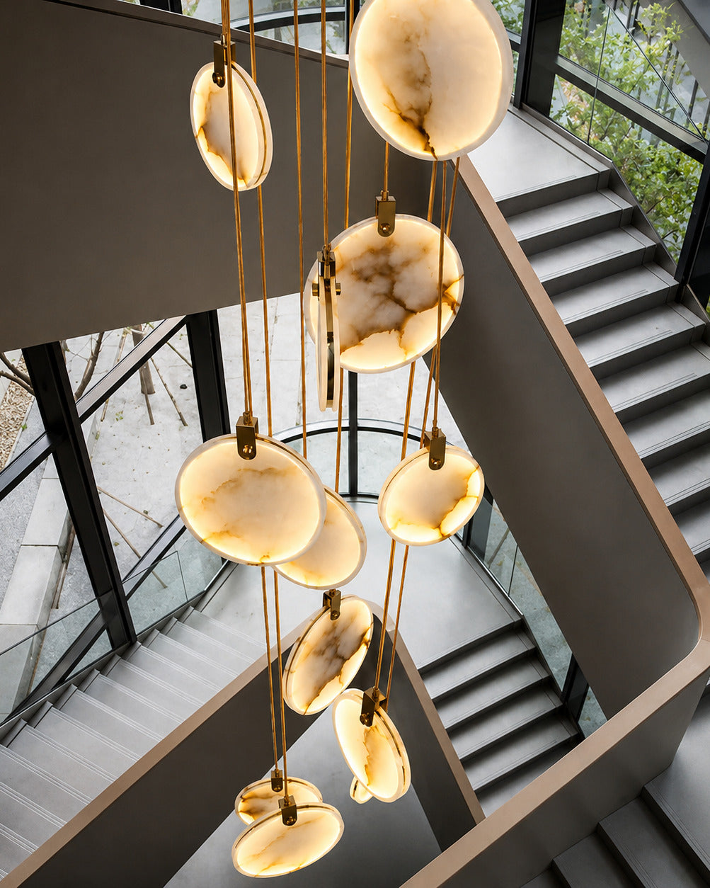 The Cascade alabaster disc chandelier for stairways — Selden Home (8)