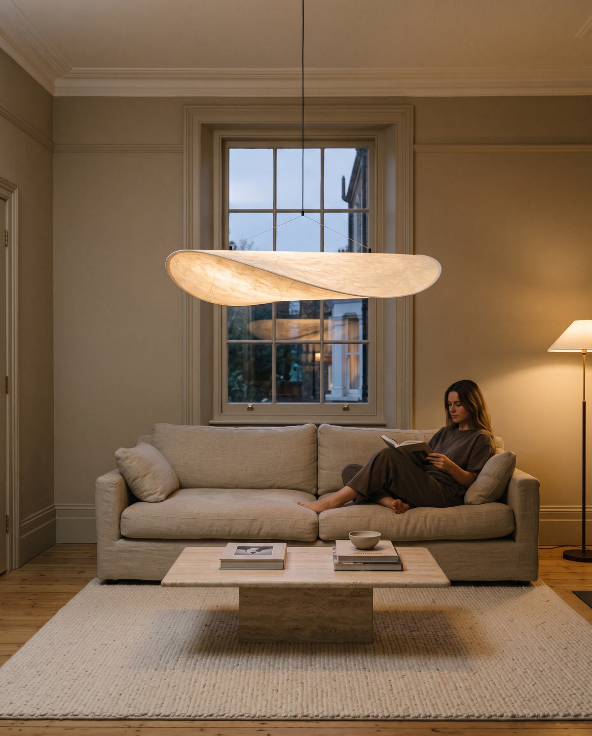 A woman reading on the sofa under The Drift in a Victorian living room