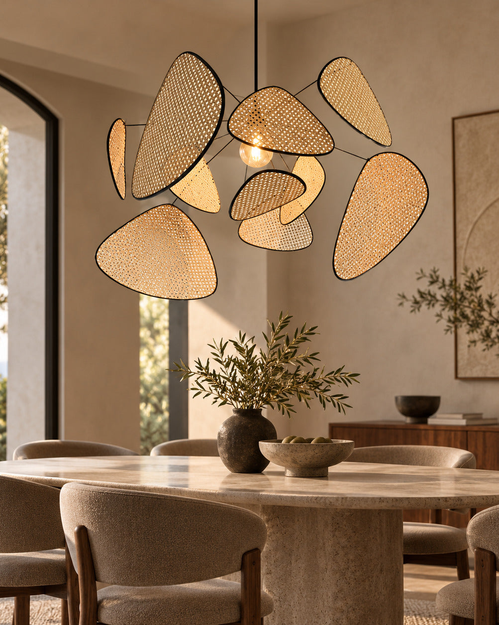 The Orrery Chandelier, a woven rattan cane leaf chandelier, above a round stone dining table