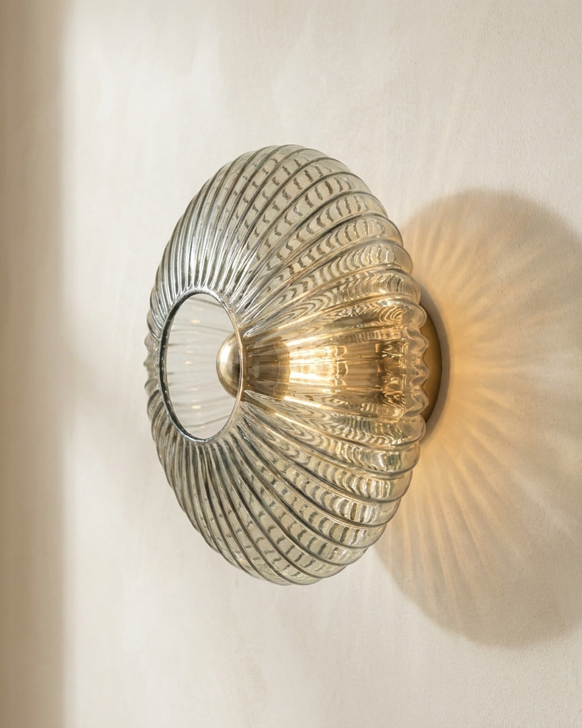 The Sunburst, side profile, smoke grey ribbed glass — Selden Home product photography