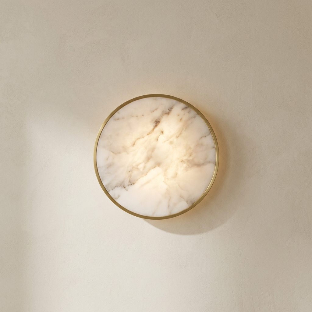 Backlit marble disc wall light with brass ring — Selden Home
