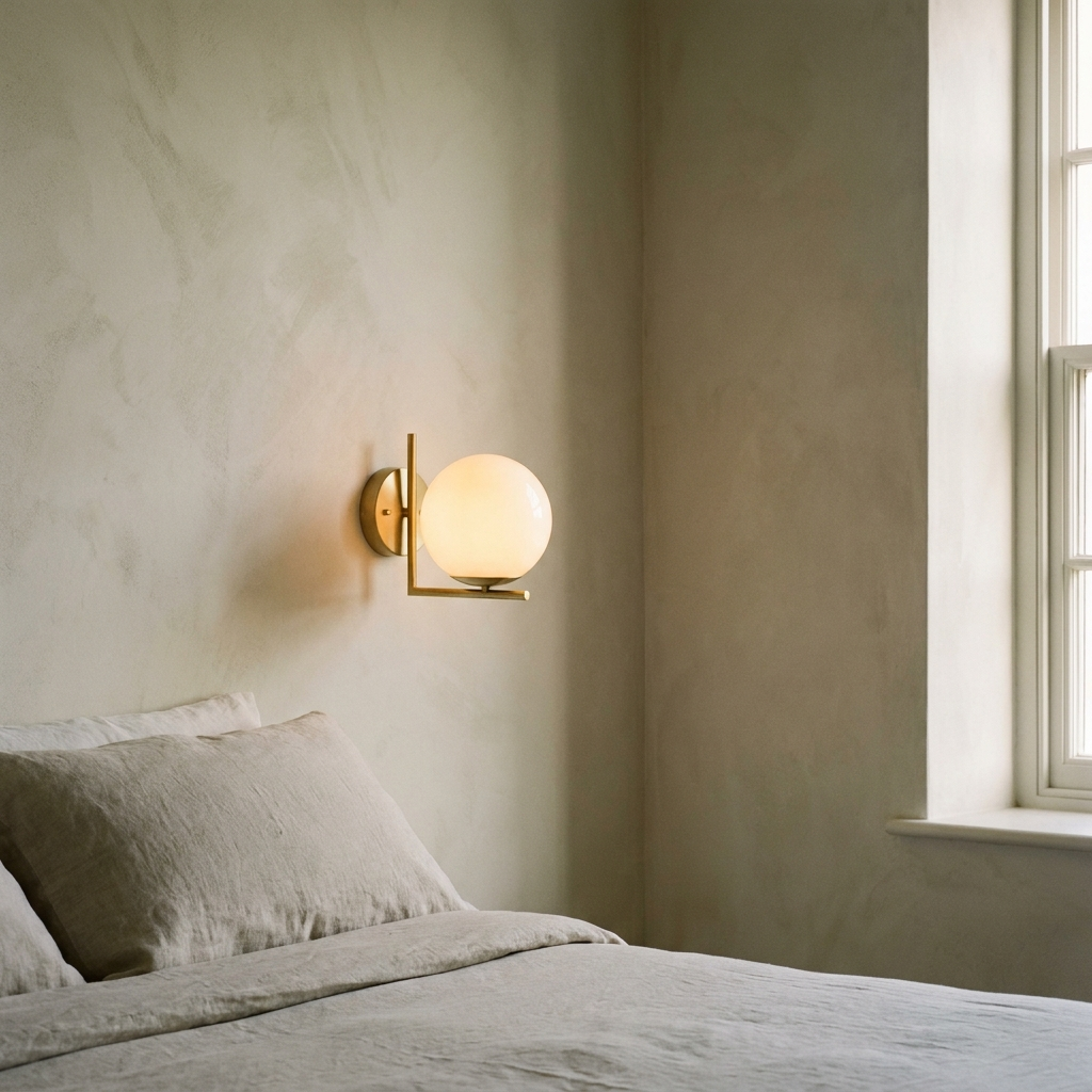 Opal glass globe wall sconce beside a linen-dressed bed — Selden Home