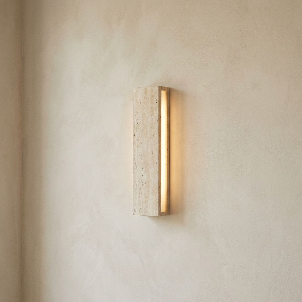 Slim travertine wall light glowing on a plaster wall — Selden Home