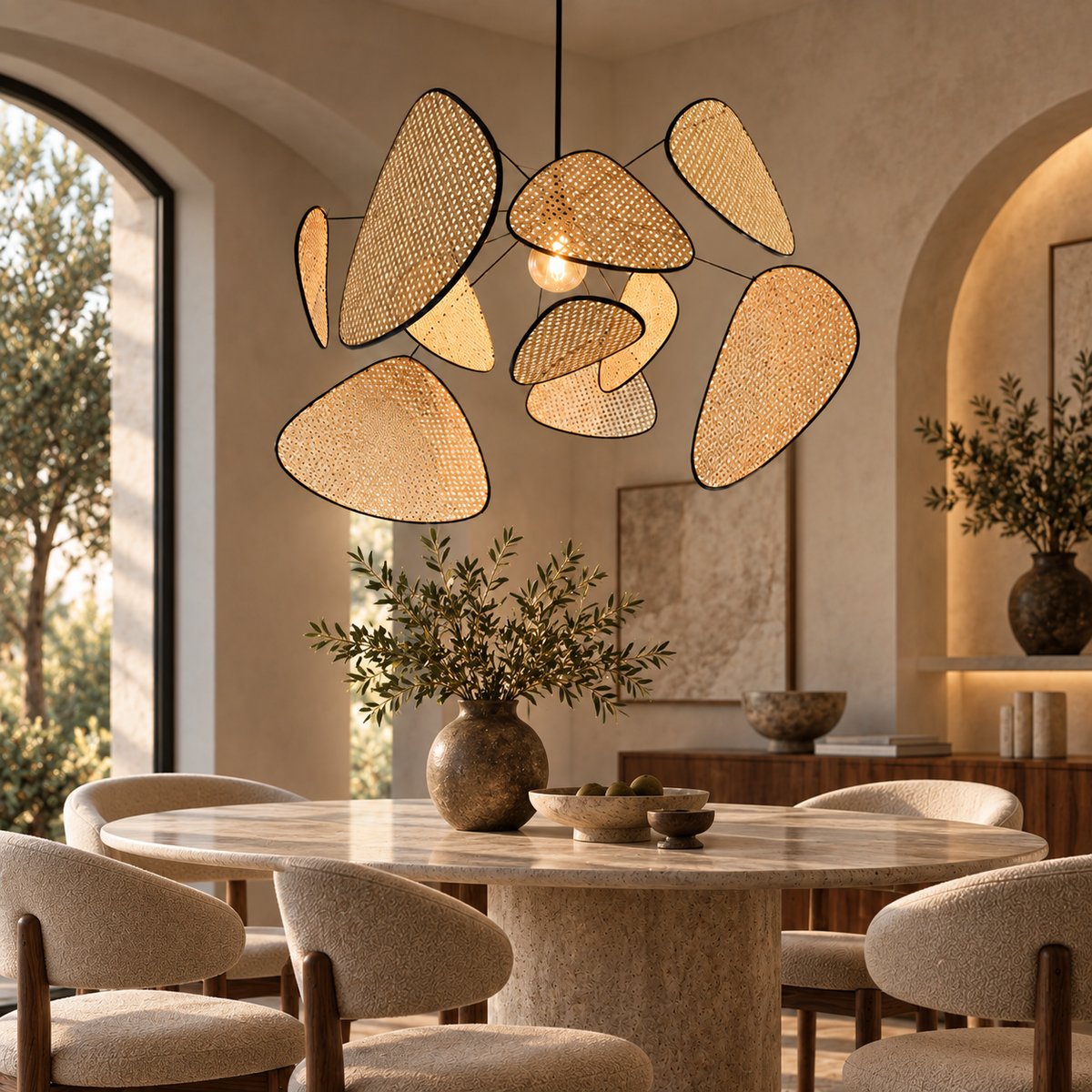 The Orrery rattan chandelier lit in a warm dining room with arched windows