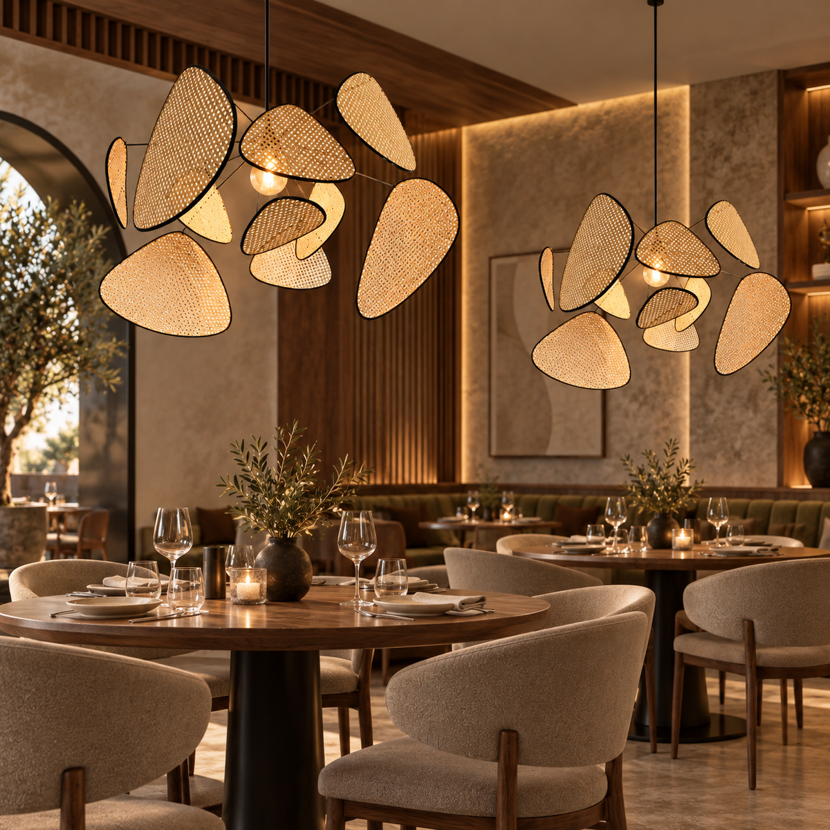 Two Orrery rattan chandeliers hanging above restaurant tables