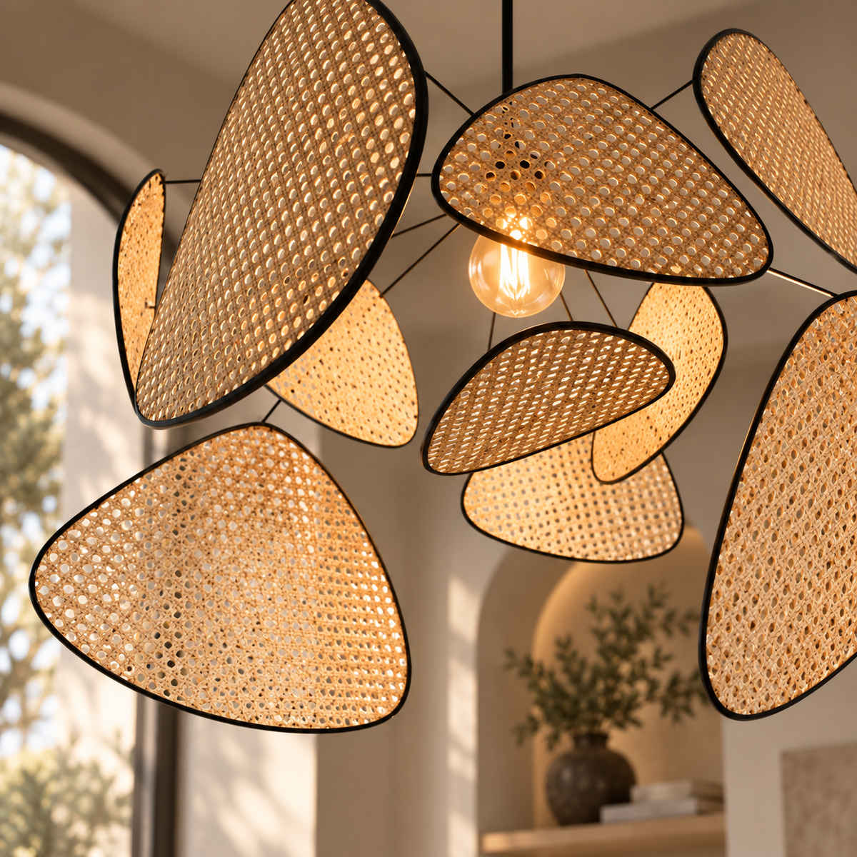 Rattan cane panels of The Orrery Chandelier around a single exposed bulb