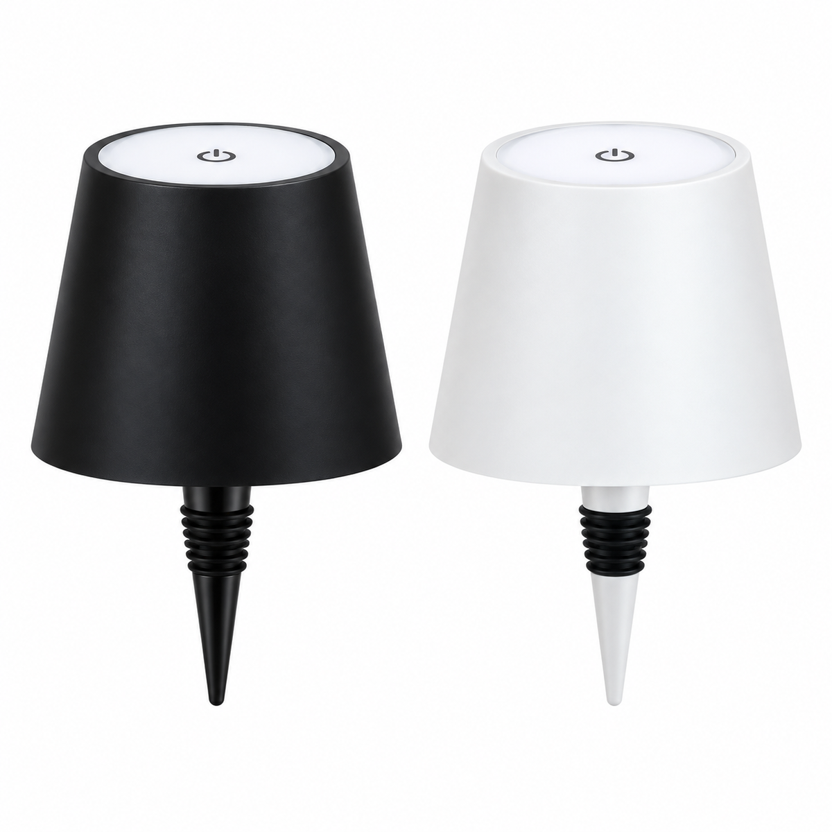 The Vesper cordless bottle lamp in Jet and Pearl finishes