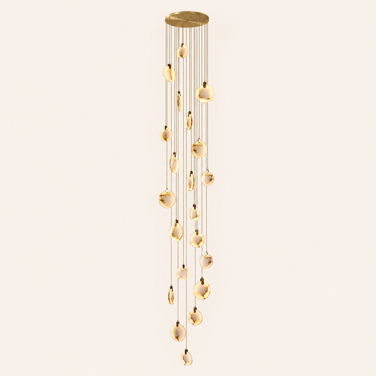 The Cascade alabaster disc chandelier for stairways — Selden Home (11)