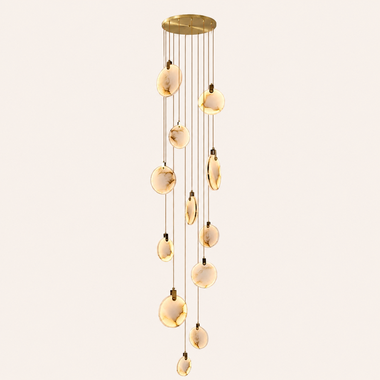 The Cascade alabaster disc chandelier for stairways — Selden Home (14)