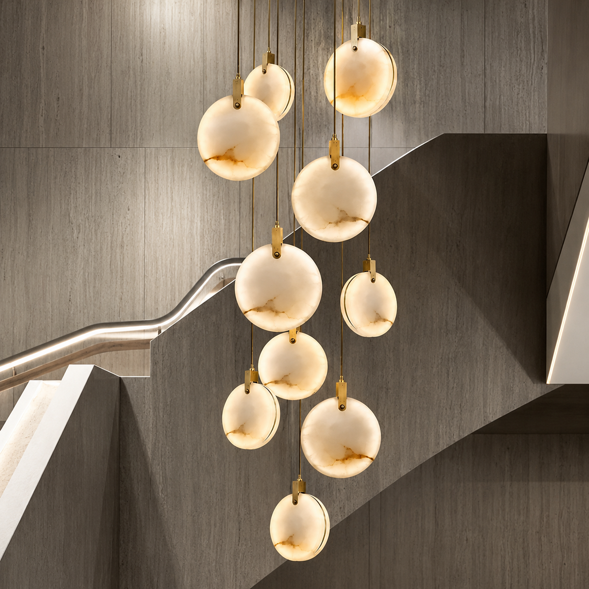The Cascade alabaster disc chandelier for stairways — Selden Home (7)